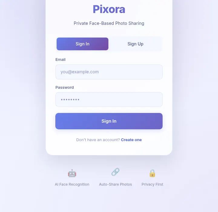 Pixora sign-in screen